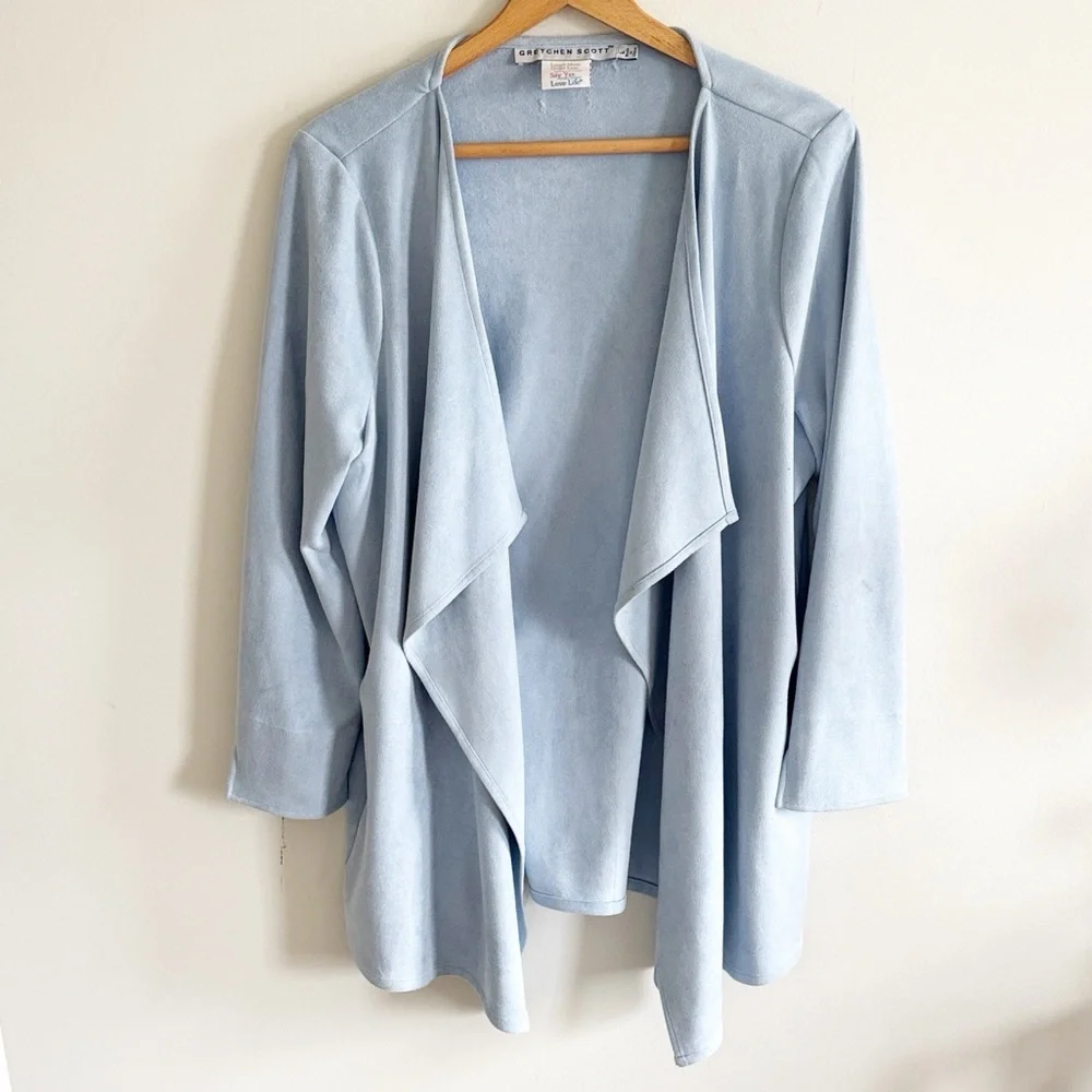 Gretchen Scott soft Blue faux Suede Waterfall Open Cardigan Size large